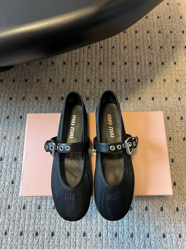Miu Miu Women's Bow-Decorated Ballet Flats Black in Mesh 614703