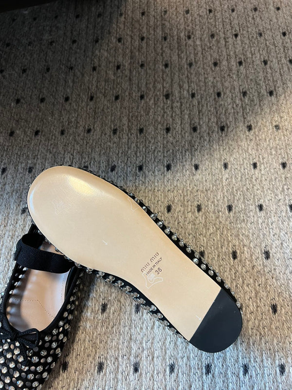 Miu Miu 26SS Ballet Flats Diamond-encrusted Black in Calfskin 614697
