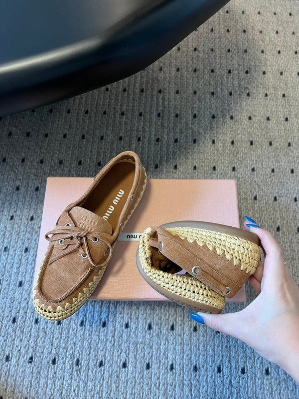 Miu Miu 26ss Loafer Brown in Suede With Raffia Straw 614557