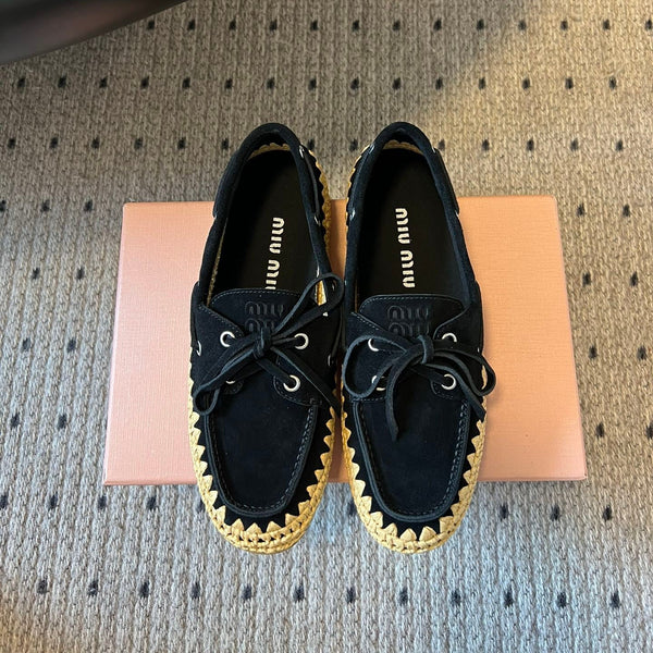 Miu Miu 26ss Loafer Black in Suede With Raffia Straw 614556