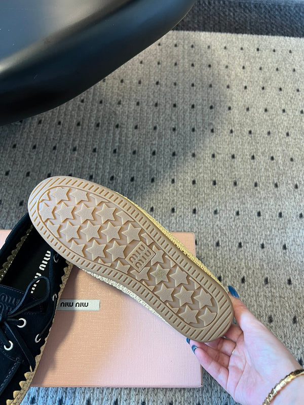 Miu Miu 26ss Loafer Black in Suede With Raffia Straw 614556