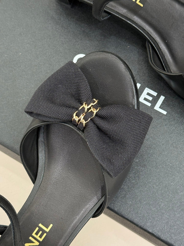 Chanel 26C Chain Bow Chunky Heel Sandals Black in Cowhide 615992