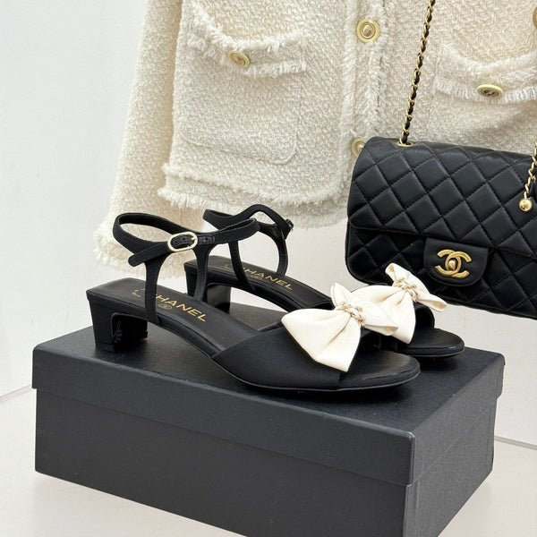 Chanel 26C Chain Bow Chunky Heel Sandals Black White in Cowhide 615986
