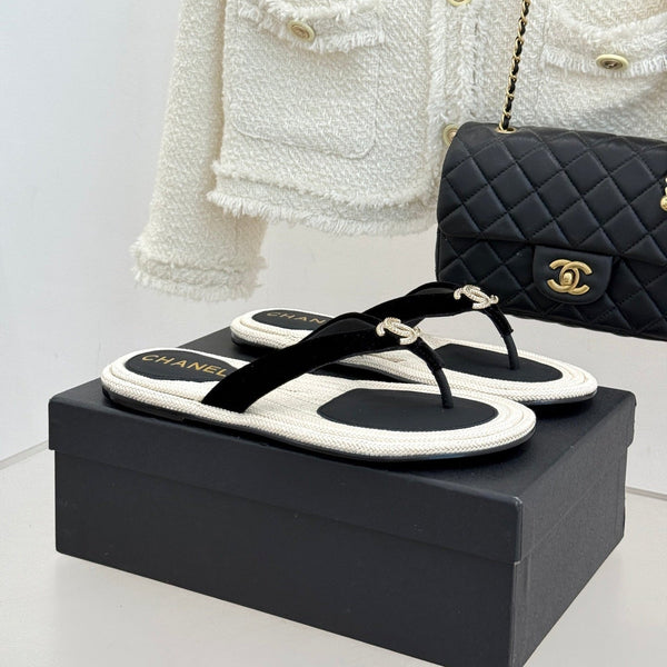 Chanel 26C Hemp Rope Sole Double C Flip-Flops Black in Sheepskin 615960