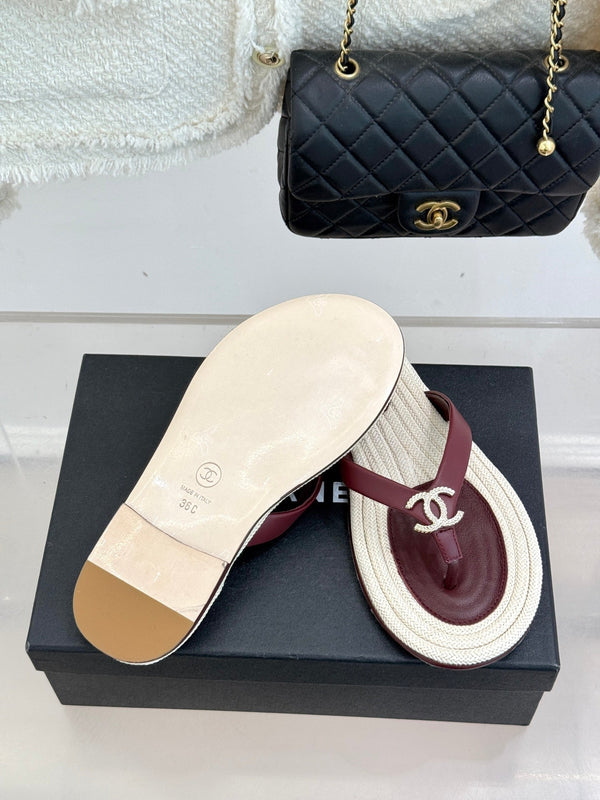 Chanel 26C Hemp Rope Sole Double C Flip-Flops Burgundy in Sheepskin 615958