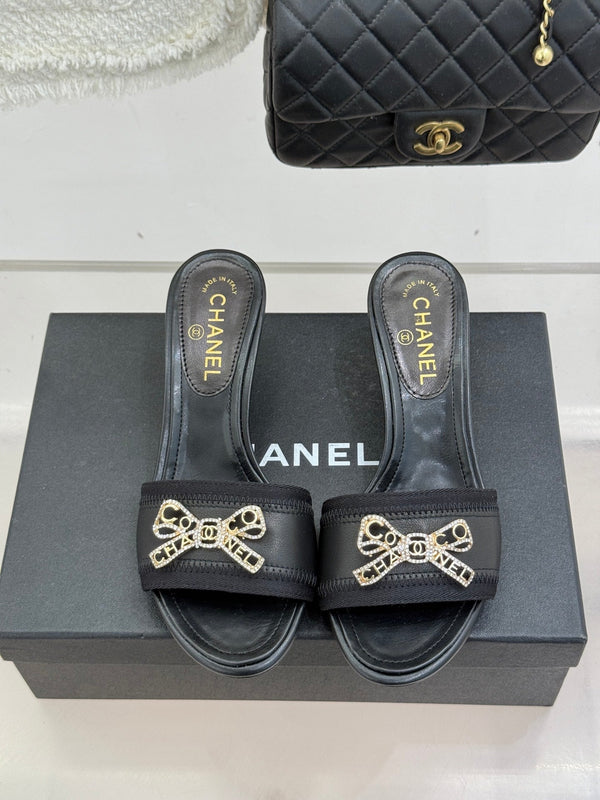 Chanel Classic Rhinestone Double C Bow Kitten Heel Slippers Black in Leather 615820