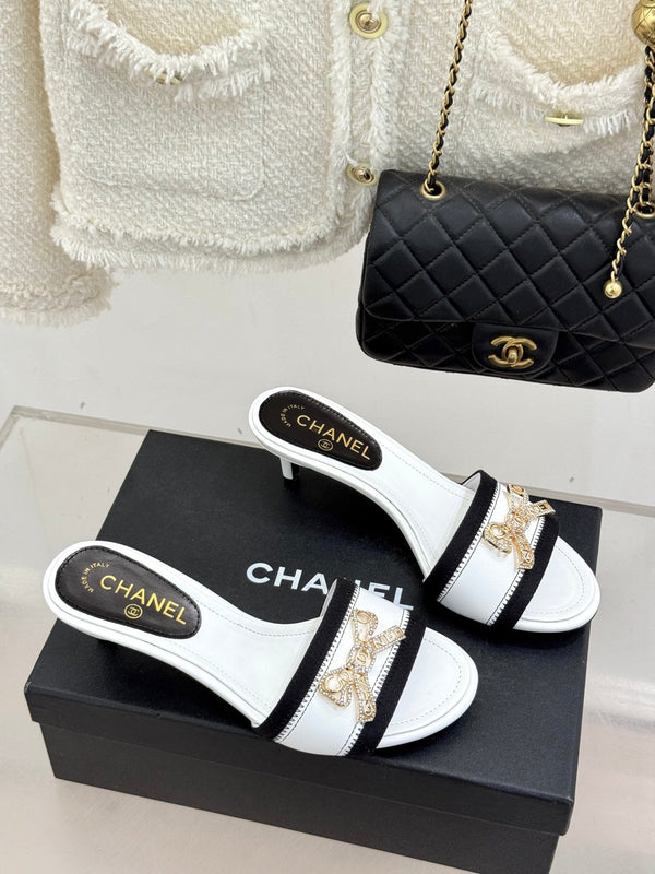 Chanel Classic Rhinestone Double C Bow Kitten Heel Slippers White in Leather 615819