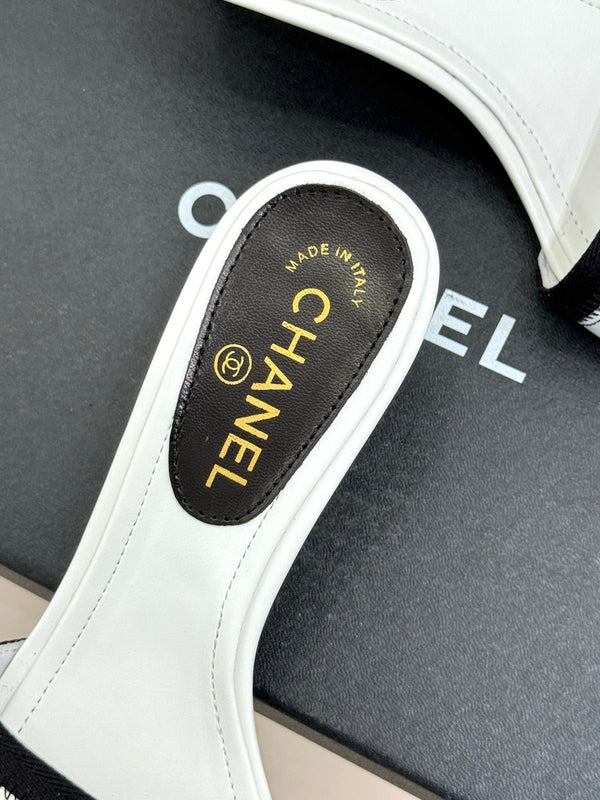Chanel Classic Rhinestone Double C Bow Kitten Heel Slippers White in Leather 615819