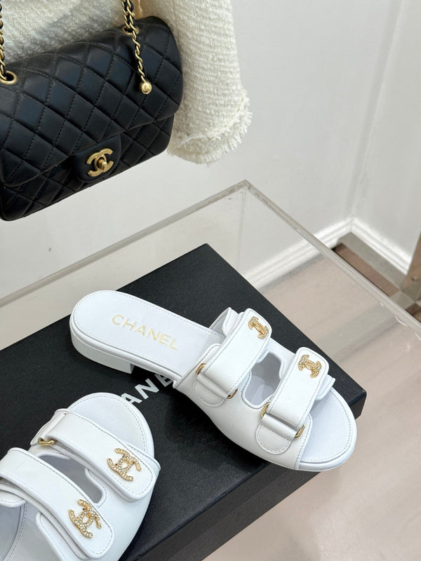 Chanel 26C Double C Backpack Buckle Velcro Slippers White in Lambskin 615792