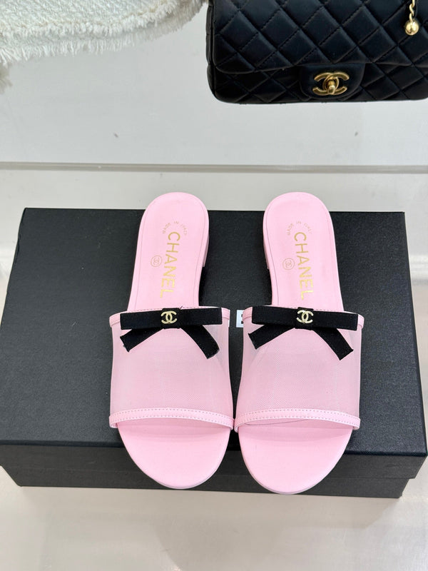 Chanel  26C Double C Bow Slippers Pink in Mesh 615710
