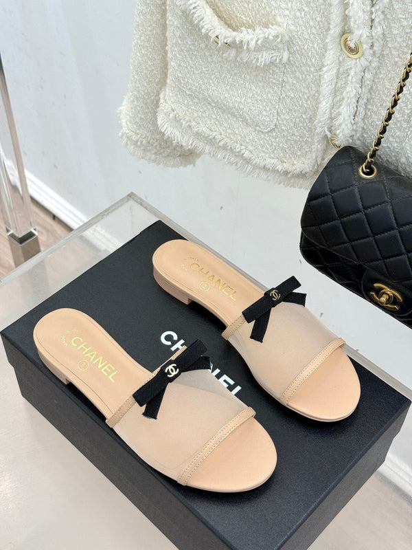 Chanel  26C Double C Bow Slippers Beige in Mesh 615708