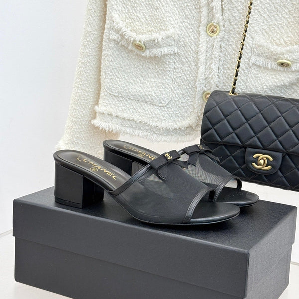 Chanel  26C Double C Bow Slippers High Heel Black in Mesh 615707