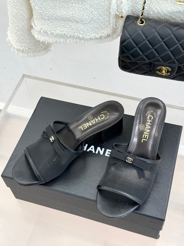 Chanel  26C Double C Bow Slippers High Heel Black in Mesh 615707