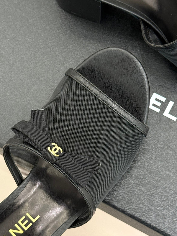 Chanel  26C Double C Bow Slippers High Heel Black in Mesh 615707