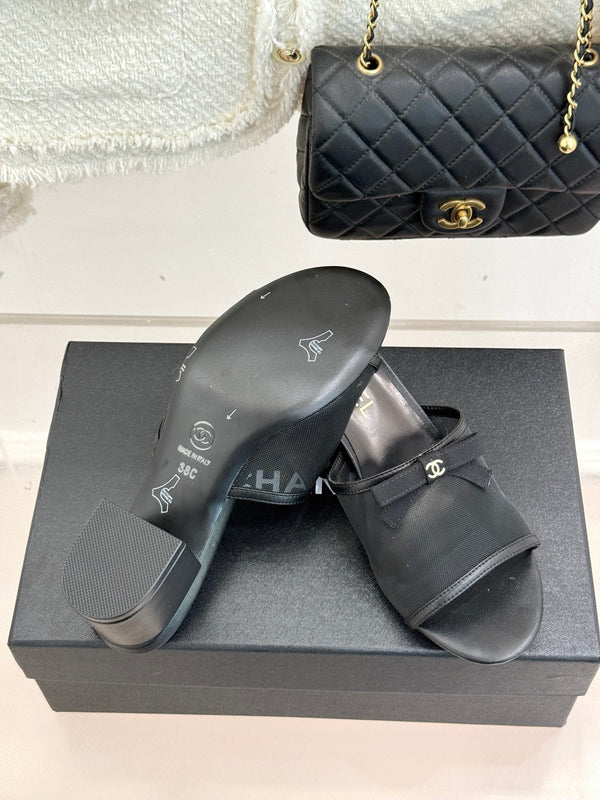Chanel  26C Double C Bow Slippers High Heel Black in Mesh 615707