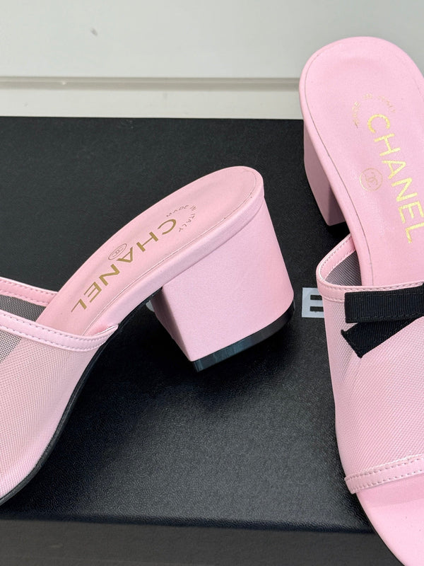 Chanel  26C Double C Bow Slippers High Heel Pink in Mesh 615706