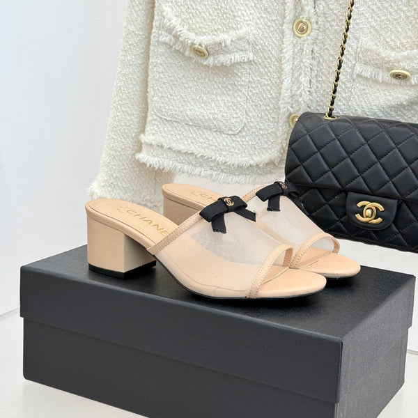 Chanel  26C Double C Bow Slippers High Heel Beige in Mesh 615705