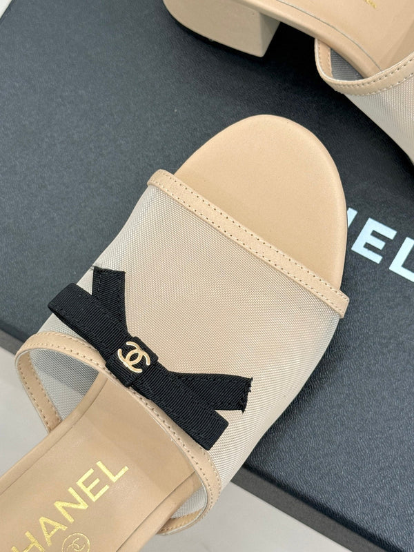 Chanel  26C Double C Bow Slippers High Heel Beige in Mesh 615705