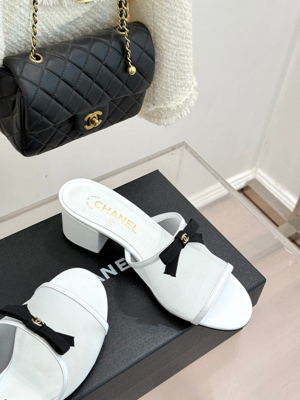 Chanel  26C Double C Bow Slippers High Heel White in Mesh 615704