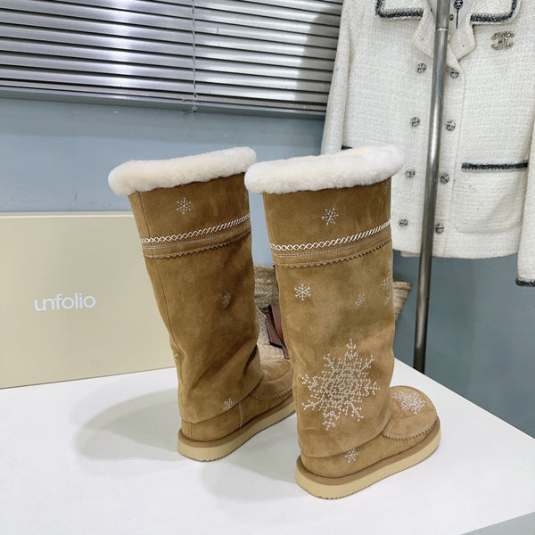 UNFOLIO 26SS Snow High Boots Light Brown in Lambswool and Cow Suede 629525