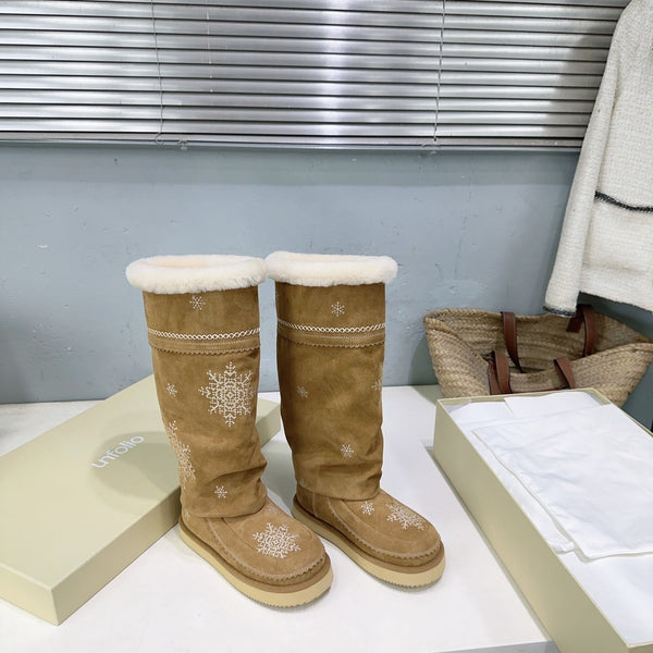 UNFOLIO 26SS Snow High Boots Light Brown in Lambswool and Cow Suede 629525