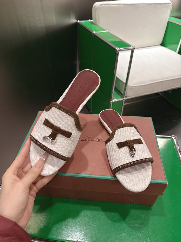 Loro Piana 26 Slippers Ivory Brown Wish Sheepskin Fabric 632134