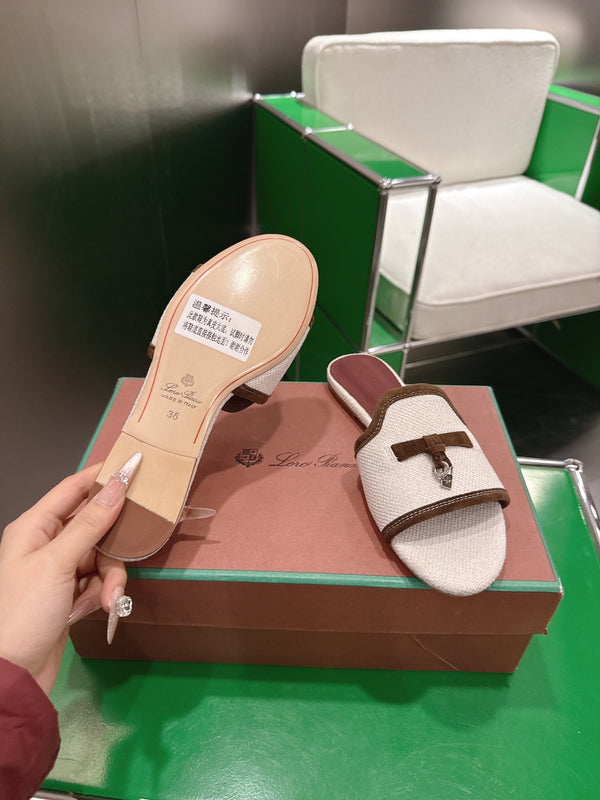 Loro Piana 26 Slippers Ivory Brown Wish Sheepskin Fabric 632134