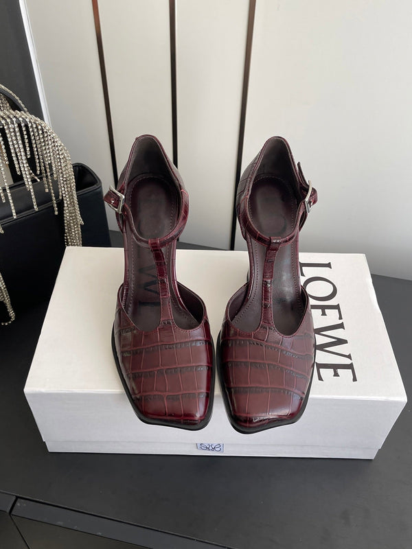 LOEWE 26SS Chunky Heel 50 Mary Jane Burgundy in Leather 631744