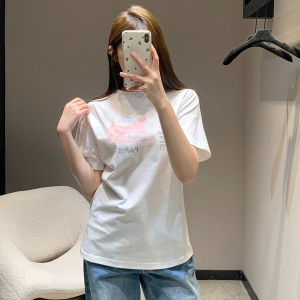 Celine 26SS Horse Carriage Print Crew Neck Short Sleeve T-Shirt White in Cotton 839795