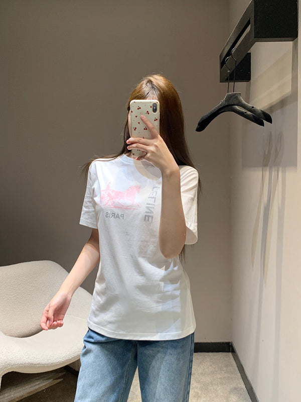 Celine 26SS Horse Carriage Print Crew Neck Short Sleeve T-Shirt White in Cotton 839795