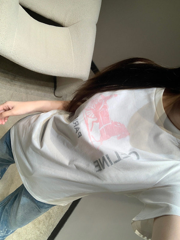 Celine 26SS Horse Carriage Print Crew Neck Short Sleeve T-Shirt White in Cotton 839795