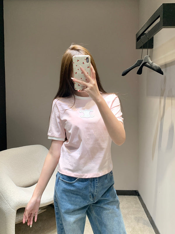 Celine 26SS Neck Short Sleeve T-Shirt Pink in Cotton 813204