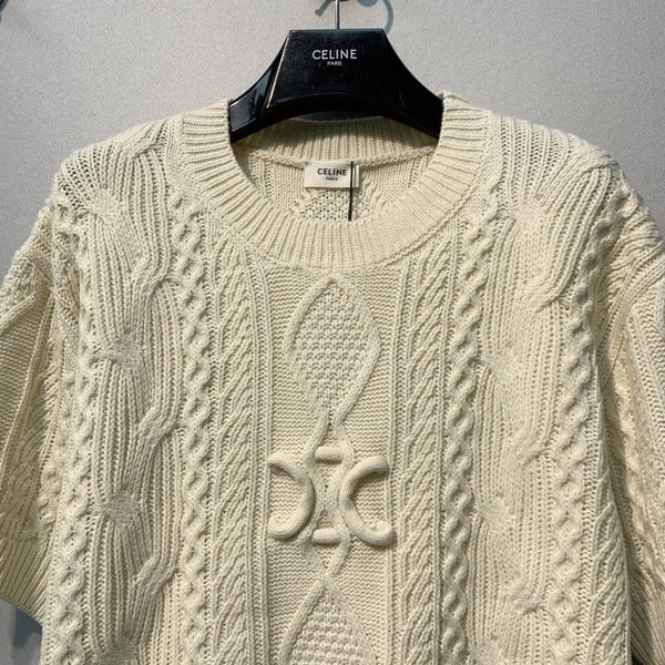 Celine 26SS Cable Knit Short-Sleeve T-Shirt Beige in Wool 972358