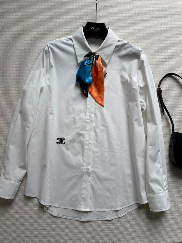 Celine 26SS Long-Sleeve Shirt with Embroidered Logo White in Cotton 943325