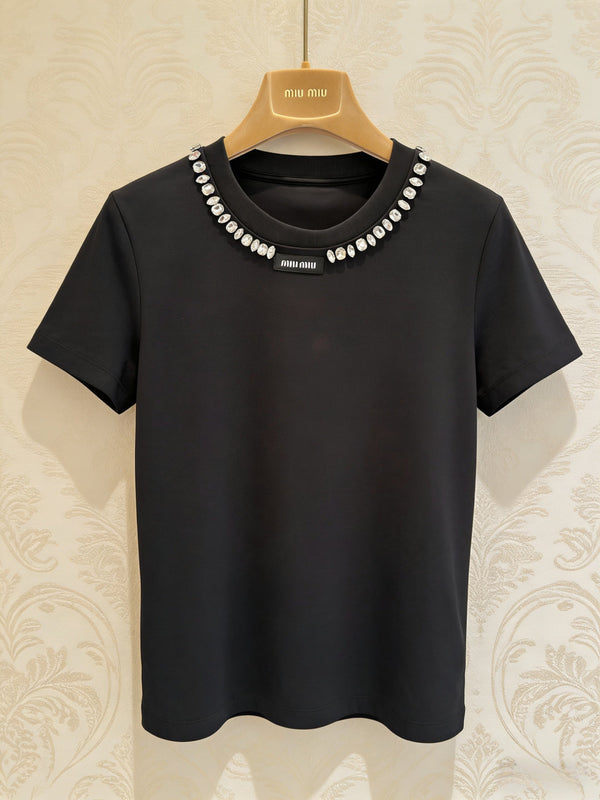 Chanel Black Beaded Crew Neck Short Sleeve T-Shirt in Cotton 133330