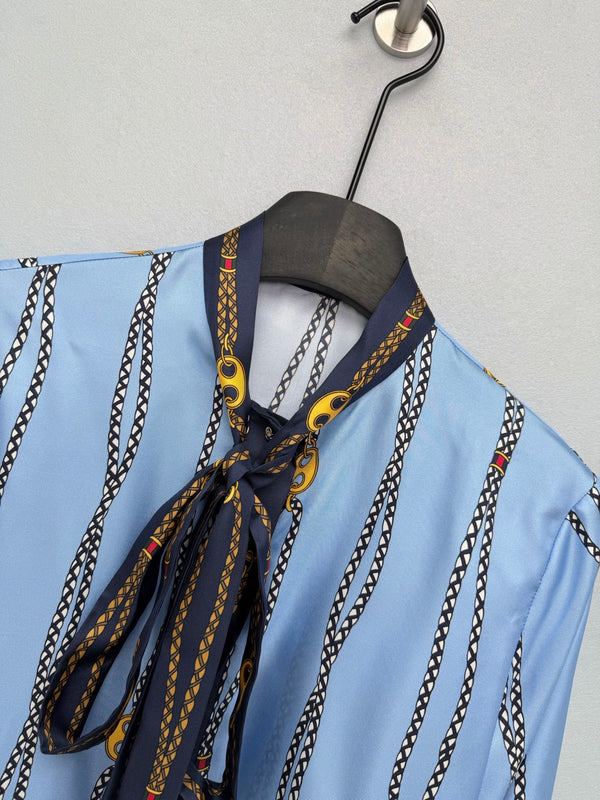 GG Chain Series Print Shirt Blue in Silk Twill 144472