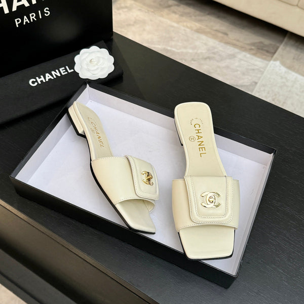 Chanel 26C Double C Buckle Square Toe Slippers Cream in Lambskin 673031