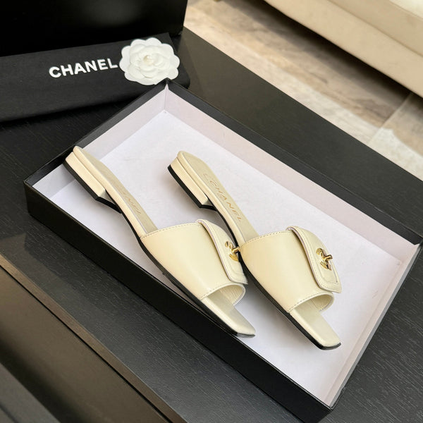 Chanel 26C Double C Buckle Square Toe Slippers Cream in Lambskin 673031