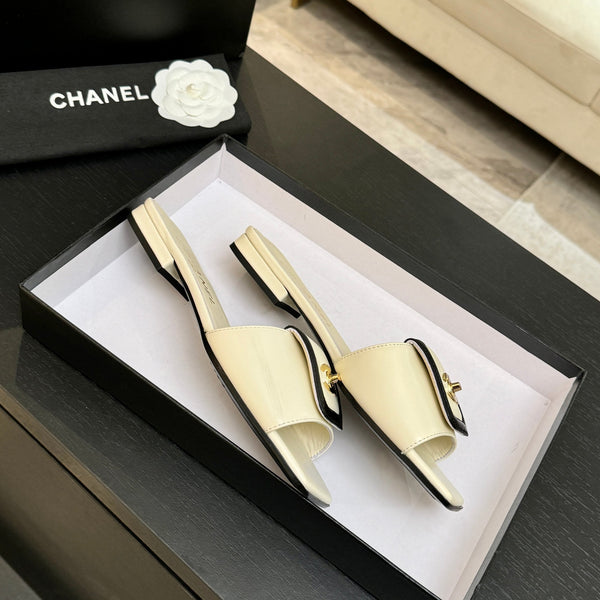 Chanel 26C Double C Buckle Square Toe Slippers Cream Black in Lambskin 673029