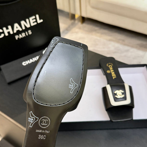 Chanel 26C Double C Buckle Square Toe Slippers Black White in Lambskin 673027