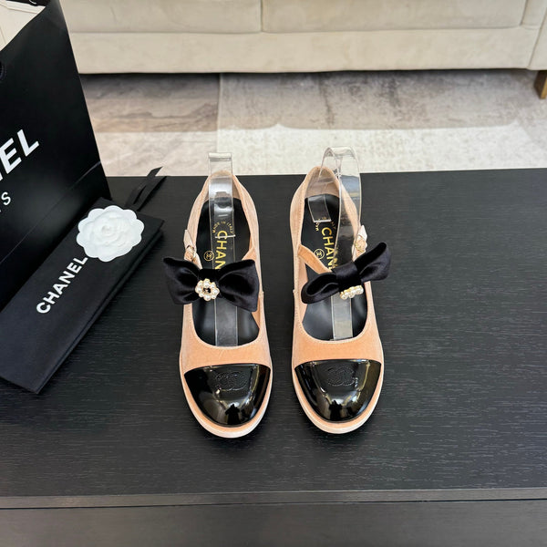 Chanel KJ26 Mary Janes Heel 2.5cm with Bow Beige in Velvet 673012