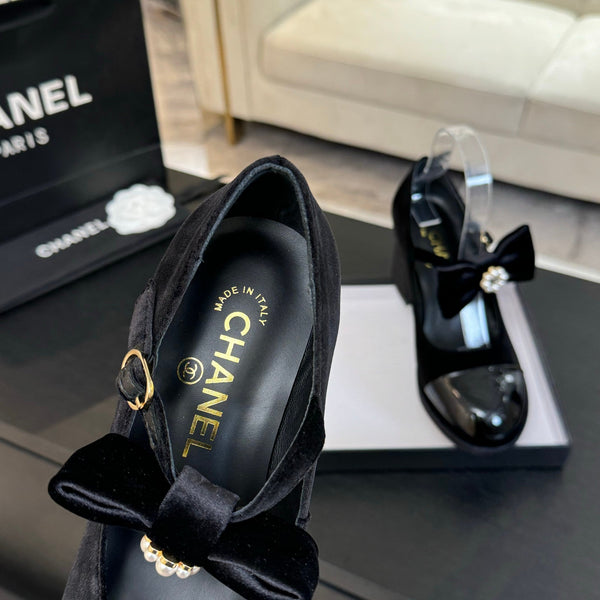 Chanel KJ26 Mary Janes Heel 2.5cm with Bow Black in Velvet 673010
