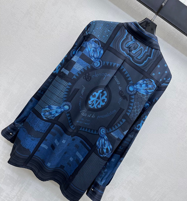 Hermes 26 Printed Long-Sleeve Shirt Blue in Mulberry Silk 137394