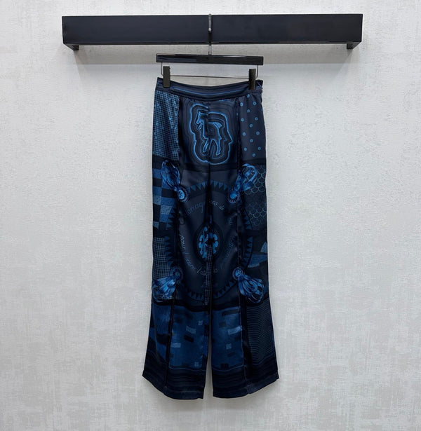 Hermes 26 Printed Straight-Leg Trousers Blue in Mulberry Silk 137393