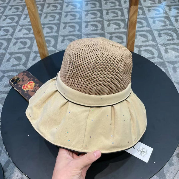 Chanel Wide-brimmed Bow Sun Hat Beige in Fabric Patchwork Mesh 197785