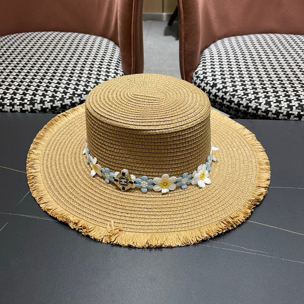Chanel Beach Sun Hat Blue and White Floral Camel in Straw 197496