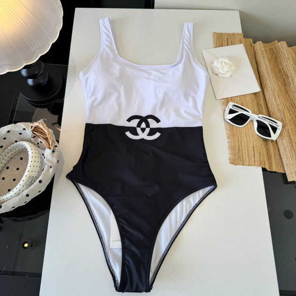 Chanel Underwire One-piece Swimsuit Black White in Cotton 204636