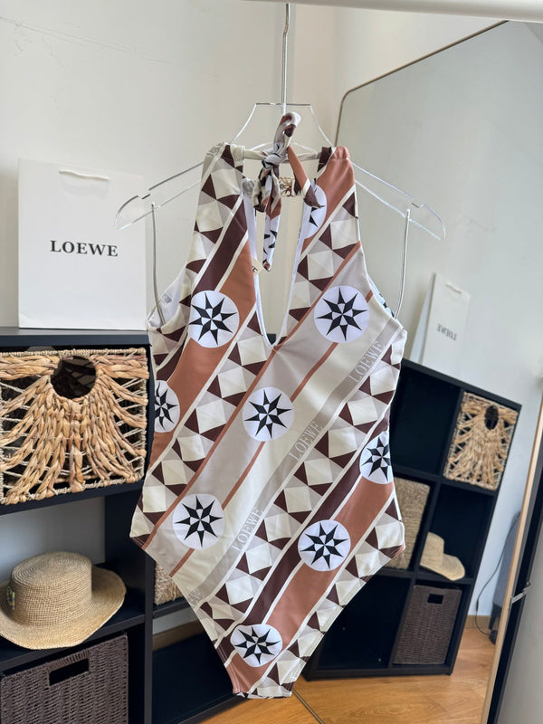 Loewe One-Piece Swimsuit Brown White in Cotton 199034