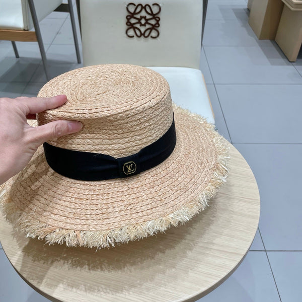 LV Hat Flat Top Frayed Brim Beige Black in Raffia 207230