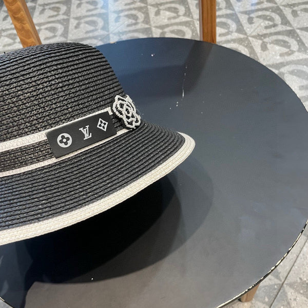 LV Dome Brim Hat with Bow Black in Straw 205626